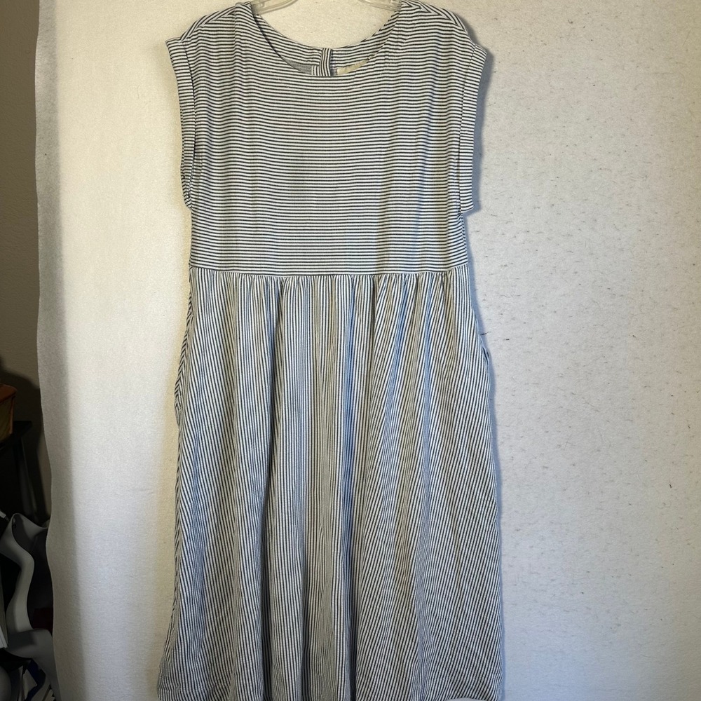 Maeve Anthropologie Striped Midi Dress Gray White Cap Sleeve Pocket Large
